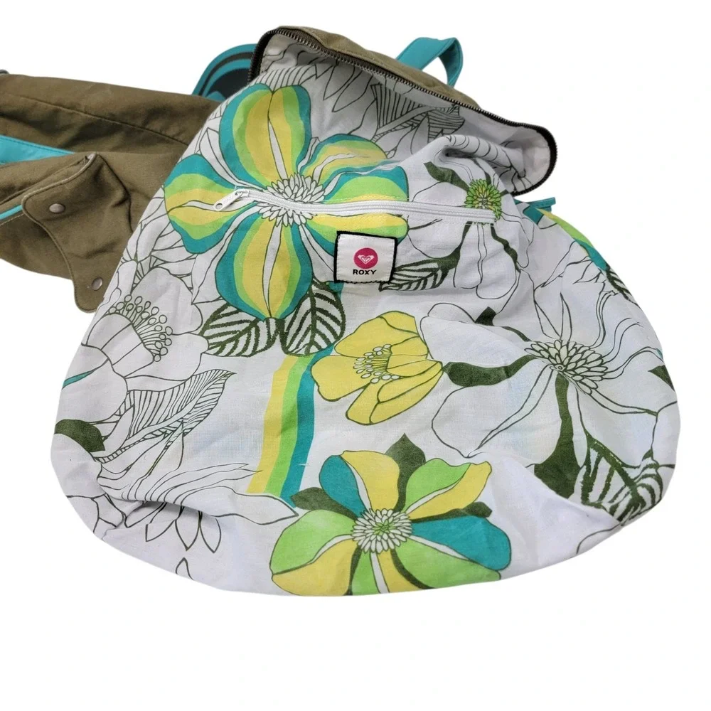 Vtg Roxy Canvas Backpack‎ Olive Green Turquoise Trim Floral Y2K Surfer Girl